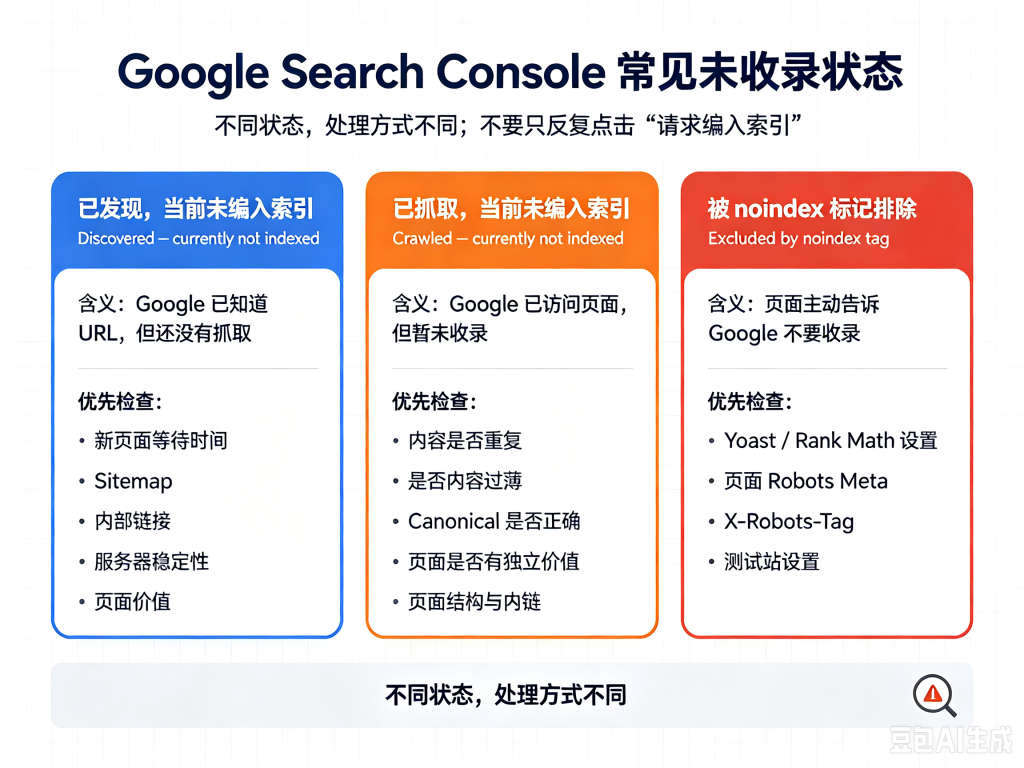Google Search Console 常见未收录状态对照，包括已发现当前未编入索引、已抓取当前未编入索引和被 noindex 标记排除