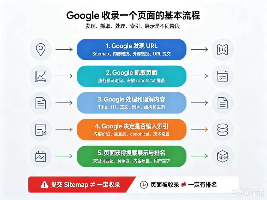 Google 收录网页的流程：发现 URL、抓取页面、理解内容、决定是否编入索引，以及获得搜索展示和排名