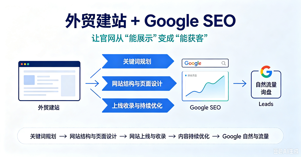外贸建站与 Google SEO 结合,通过关键词规划、网站优化和内容运营获取自然流量与海外询盘