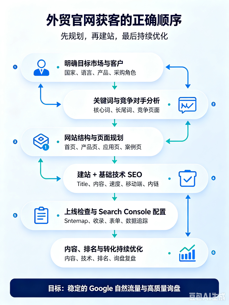 外贸企业官网获客流程:明确目标市场与客户、关键词研究、网站结构规划、建站与基础 SEO、上线检查、持续内容与转化优化