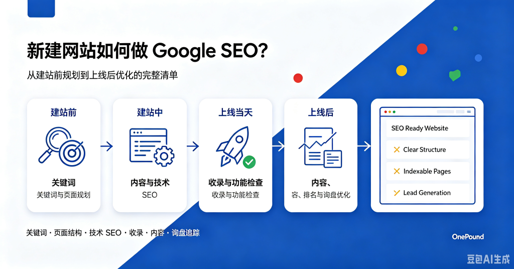 新建网站 Google SEO 完整流程,包括建站前关键词规划、建站中技术优化、上线检查和上线后持续内容优化