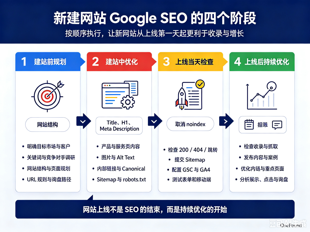 新建网站 Google SEO 四阶段流程:建站前关键词和页面规划、建站中内容与技术优化、上线当天检查、上线后持续内容和转化优化
