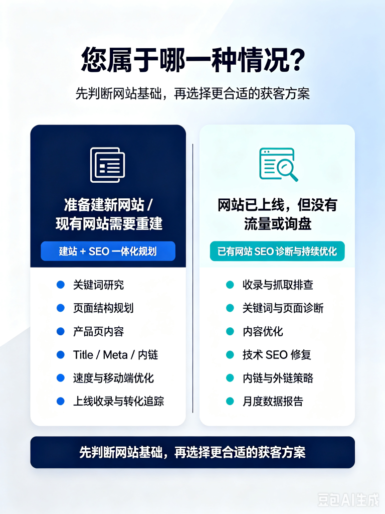新建外贸网站适合建站加 SEO 一体化规划;已有网站但 Google 收录、排名、流量或询盘不理想,适合进行 SEO 诊断与持续优化