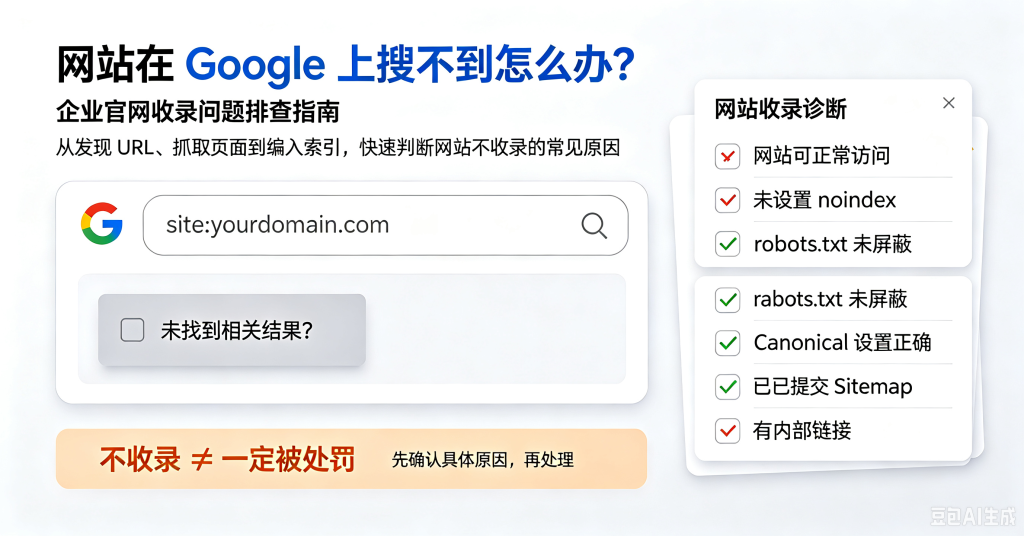 企业官网在 Google 搜索中找不到时的收录问题排查，包括页面访问、noindex、robots.txt、canonical、Sitemap 和内部链接检查
